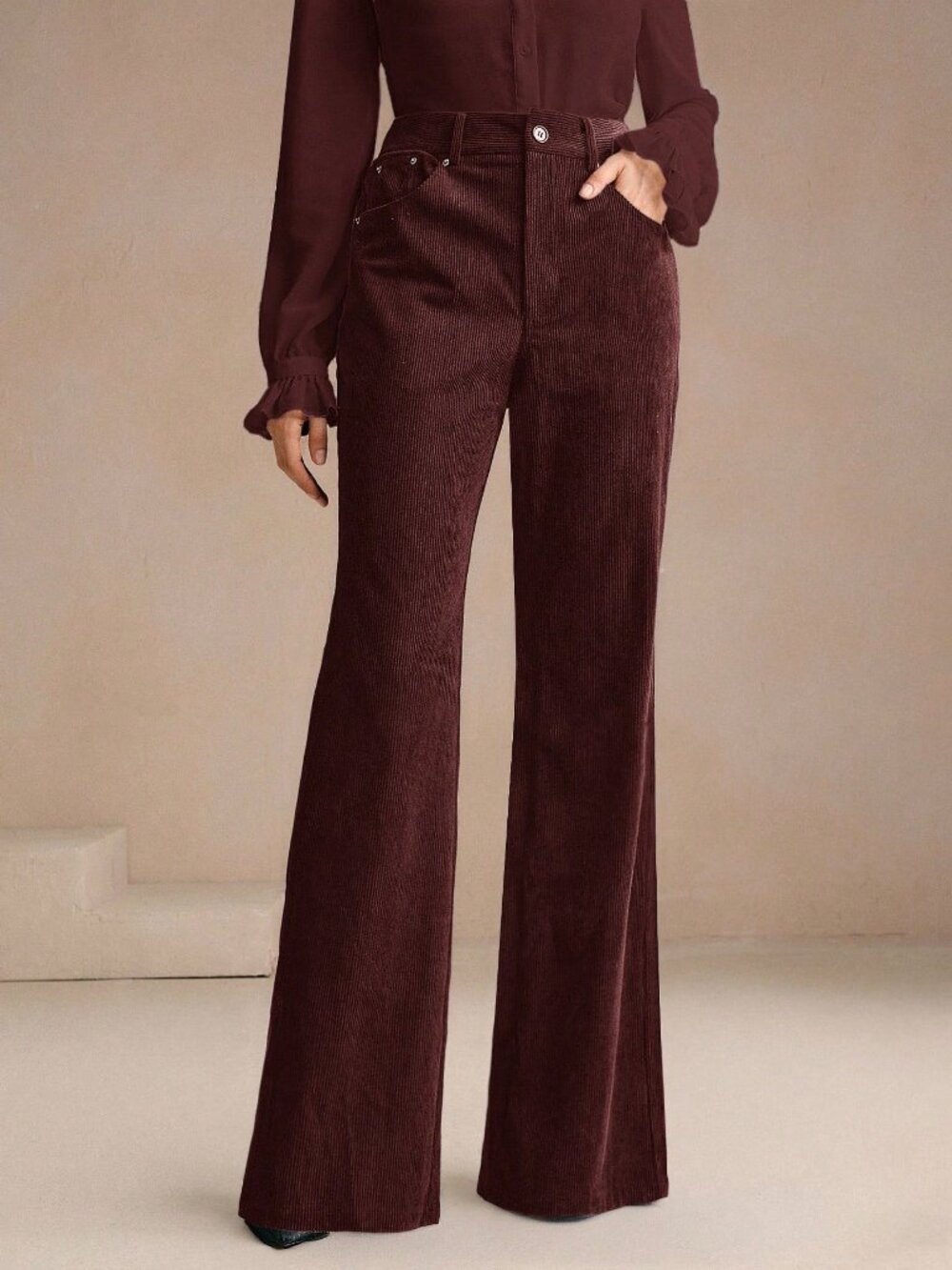 Rust Brown Casual Women's Embroidered Corduroy Flare Trousers - Picture 4 of 8